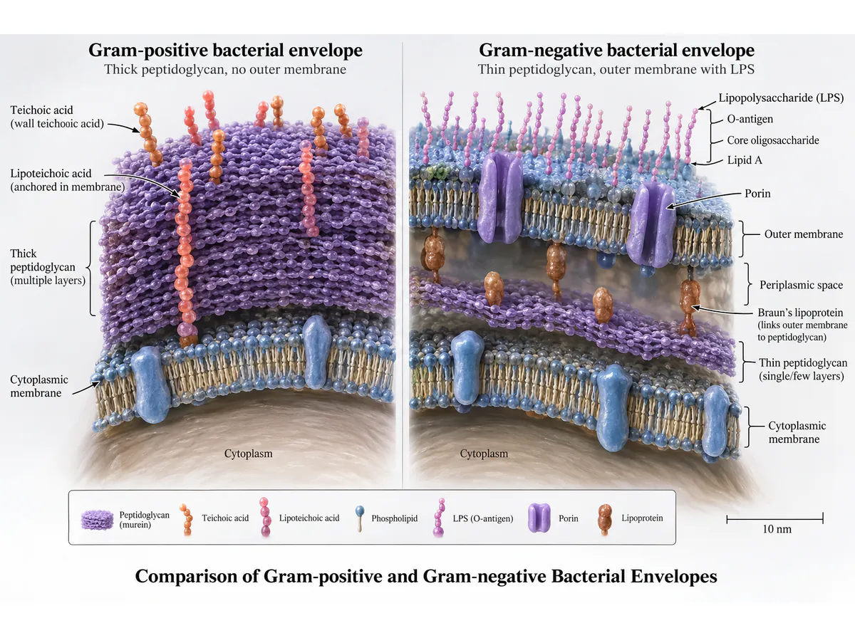 Bacterial envelopes: a paired cutaway comparison