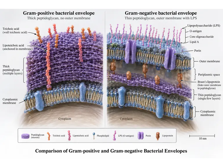 Bacterial envelopes: a paired cutaway comparison