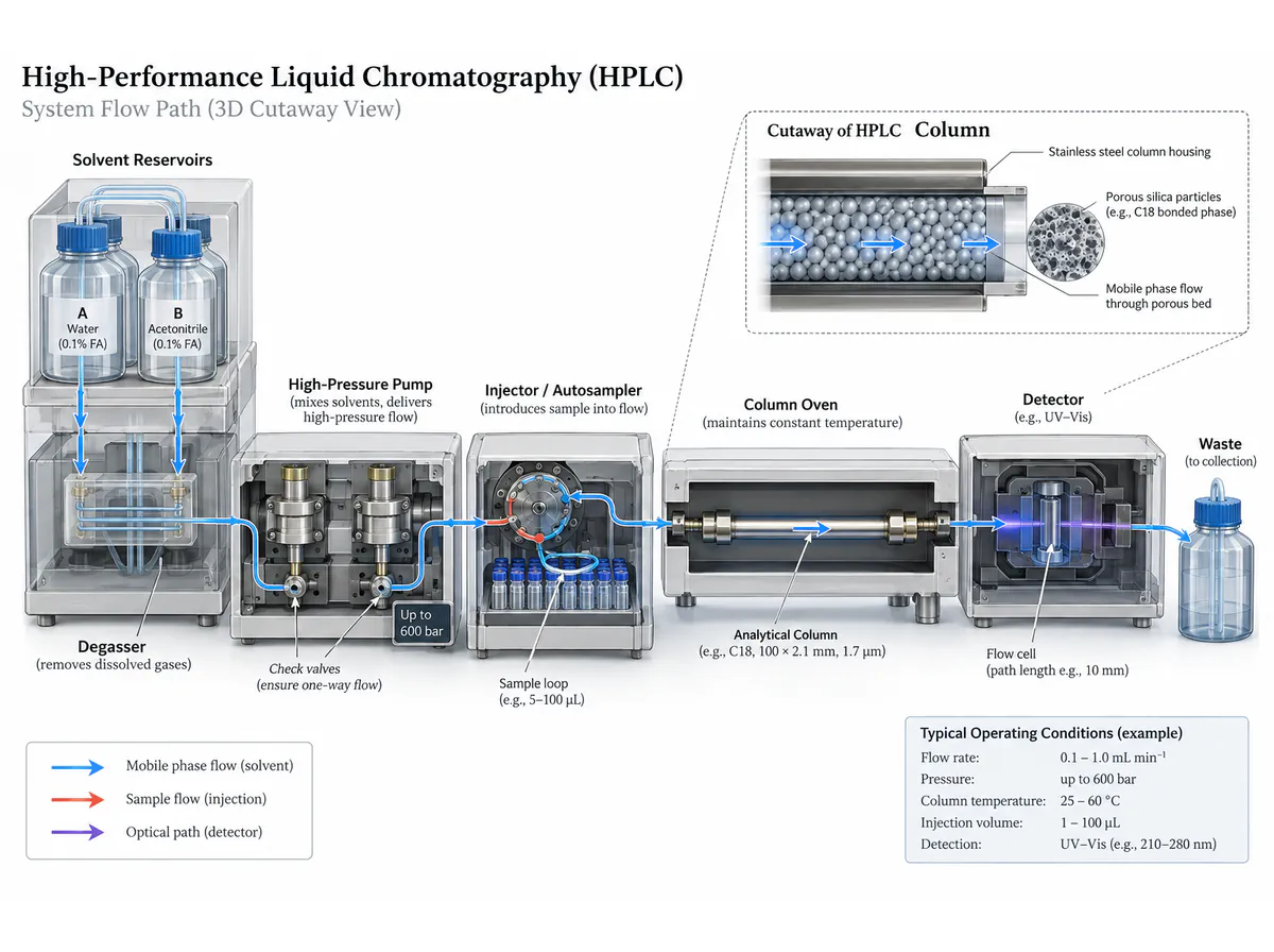 HPLC: a cutaway fluid-path overview