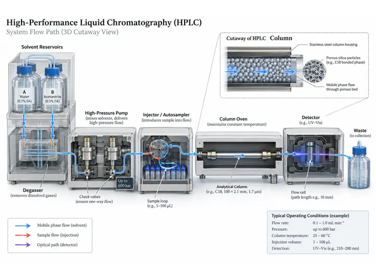 HPLC: a cutaway fluid-path overview