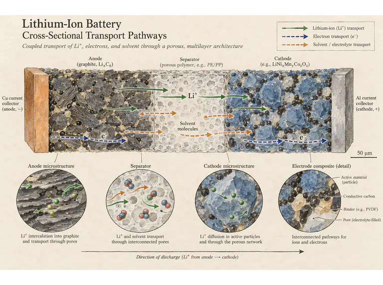 Battery structure: an interface and transport map